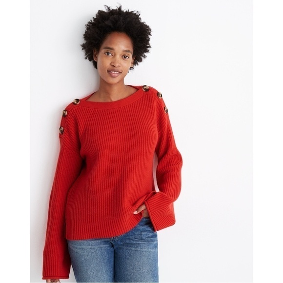Madewell Calloway Boatneck Pullover Sweater Buttons Red Wool Blend Small - Picture 1 of 10